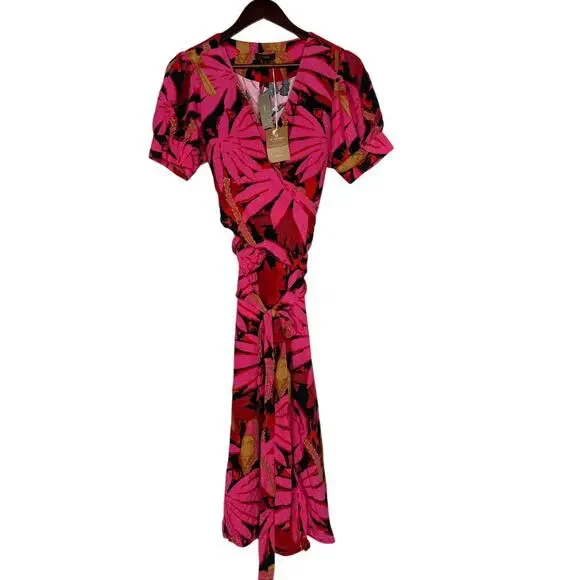 NWT J. Crew Tropical Palm Print Faux Tie Wrap Midi Dress V Neck Zip Up 6 Pink - Picture 2 of 16